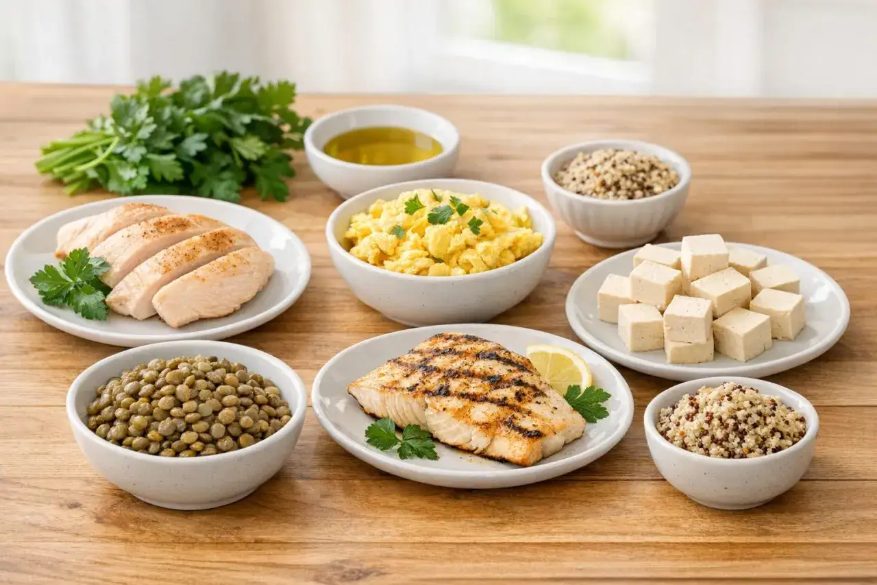 Różnorodne źródła białka: kurczak, ryba, jajka, soczewica, tofu i komosa ryżowa. Zdrowa dieta, w tym odpowiednie białko a nerki, to podstawa.