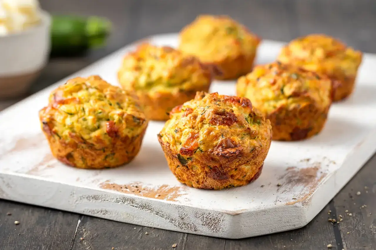 Sei muffin di zucchine dorati e invitanti, con pezzetti di pomodoro secco, su un tagliere bianco.