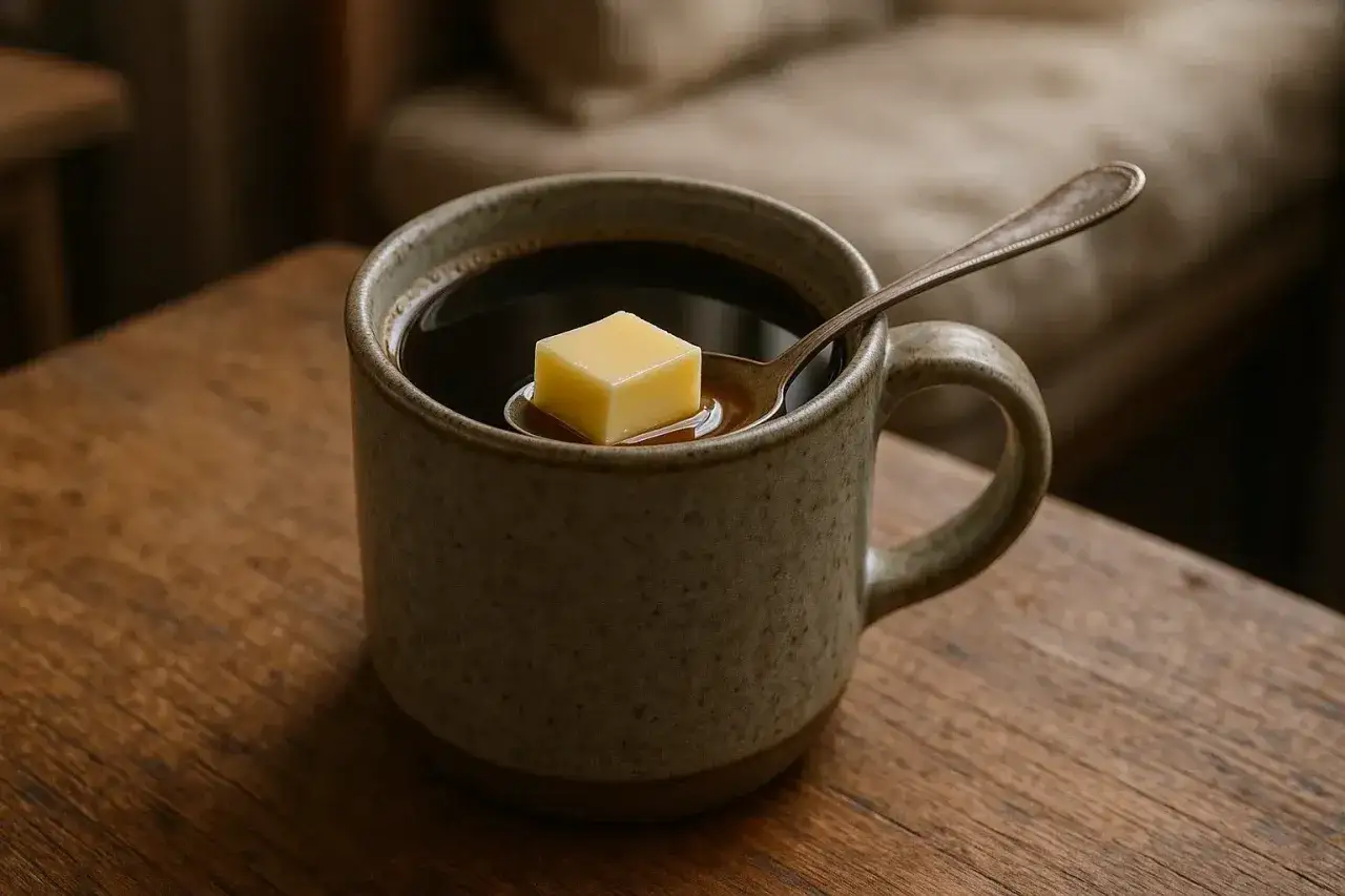 Un cubetto di burro galleggia su un cucchiaino immerso in una tazza di caff&egrave; caldo, pronto per essere mescolato.