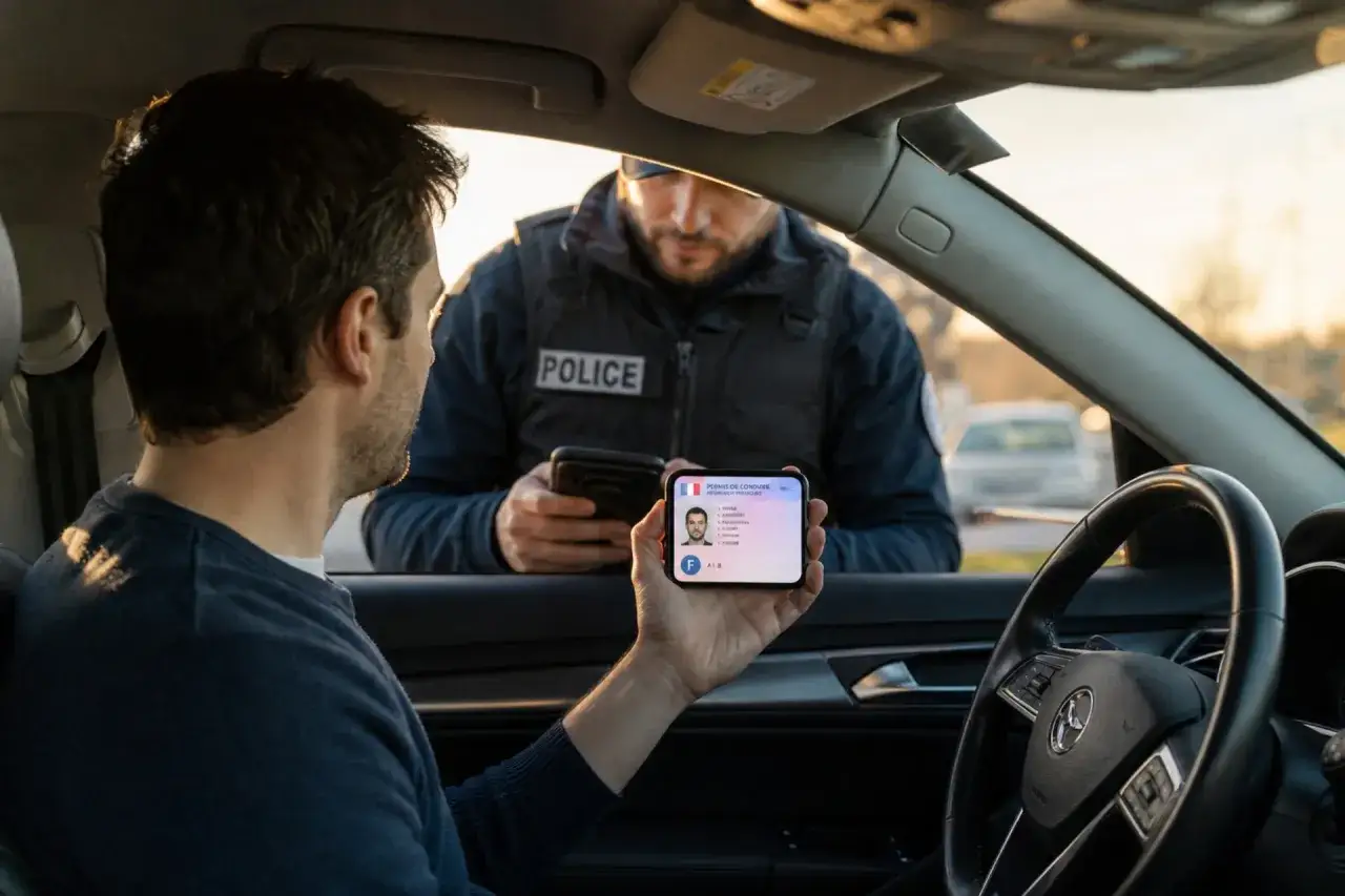Un conducteur présente son permis de conduire sur son téléphone à un policier.