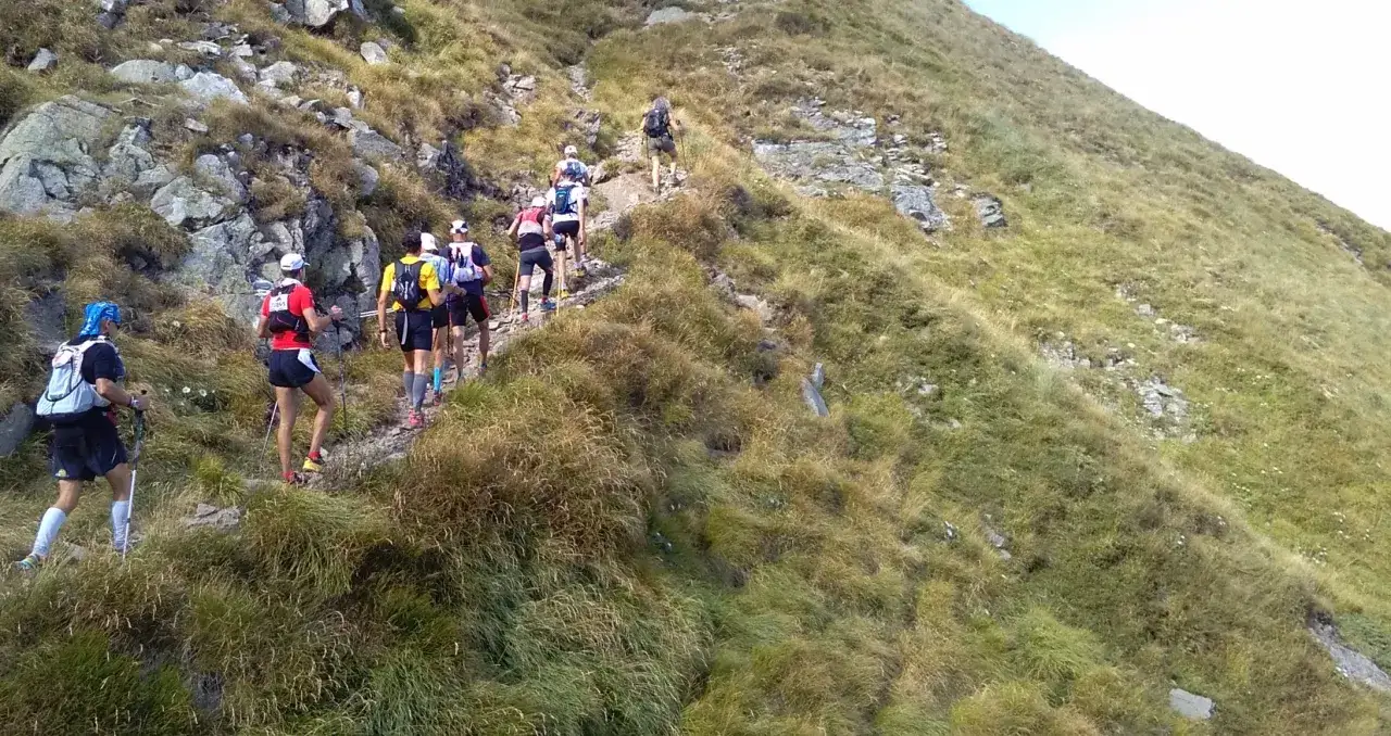 Un gruppo di atleti affronta una salita su un sentiero di montagna, mostrando cos'è il trail running: fatica, natura e determinazione.