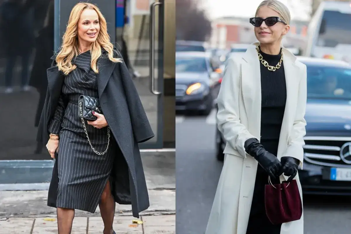 Eleganckie wigilia w pracy stylizacje: czarna sukienka w paski i biały płaszcz. Klasa i szyk na świąteczne spotkanie.