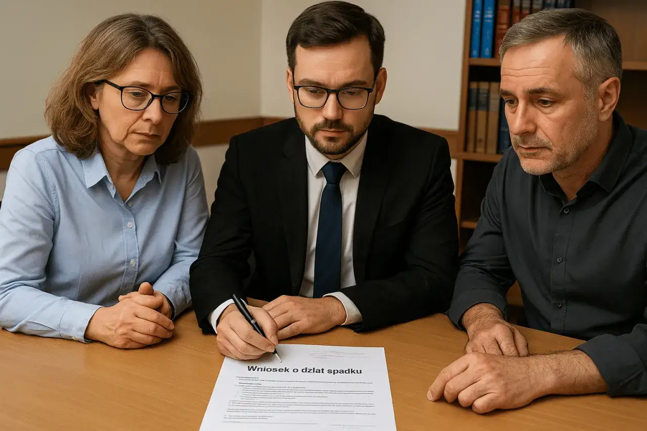 Trzy osoby przy stole omawiają wniosek o dział spadku. Prawnik podpisuje dokument, ustalając spłatę spadkobierców.