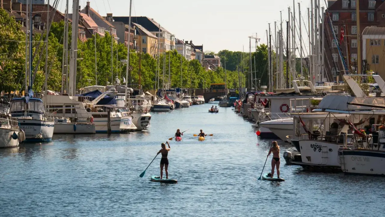 Kopenhagen Sommer: Menschen paddeln auf SUP-Boards und Kajaks durch einen Kanal, gesäumt von Segelbooten und grünen Bäumen.