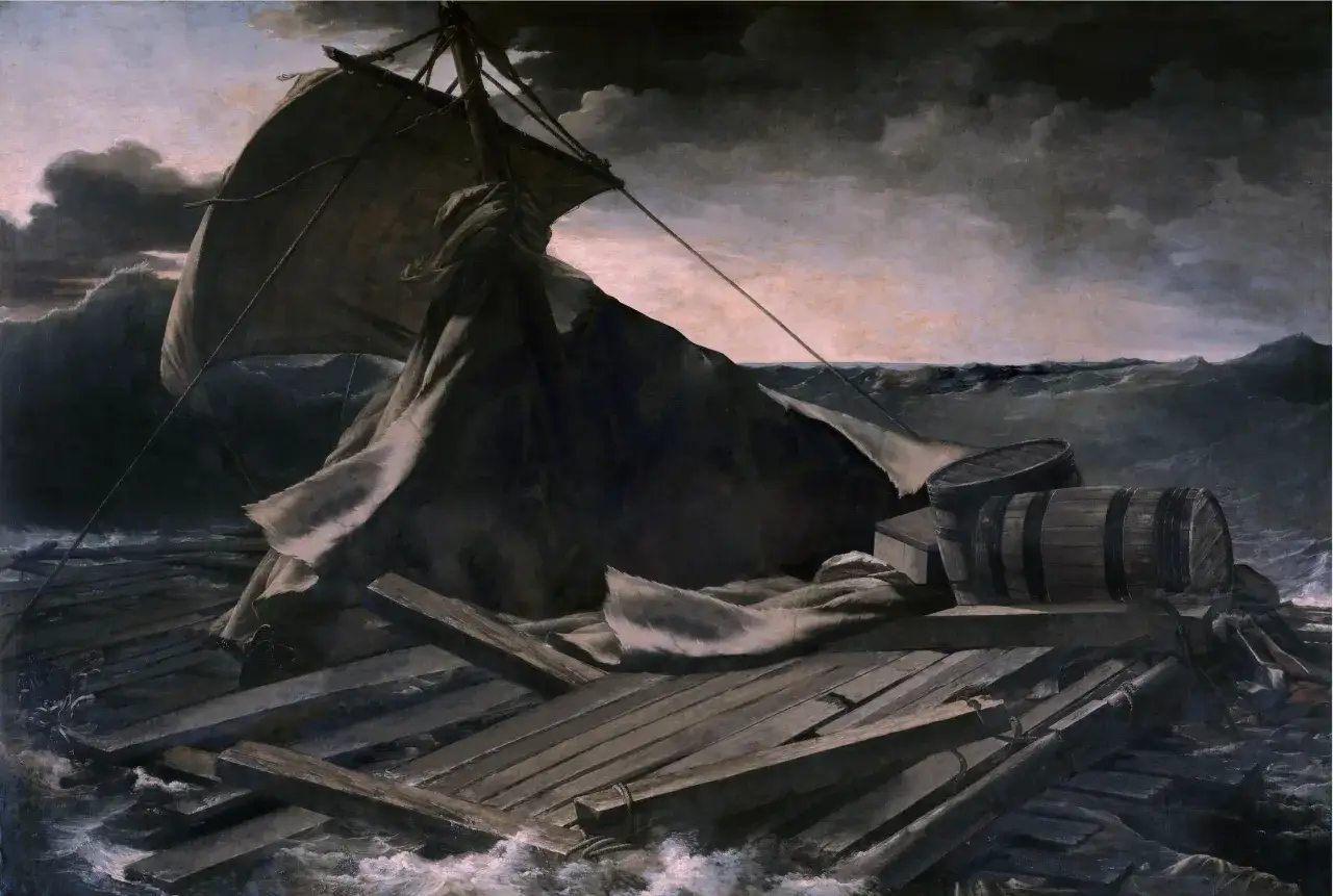 La balsa de la medusa, un comentario sobre la desesperación. La tormenta azota una balsa destrozada con barriles y restos de un naufragio.