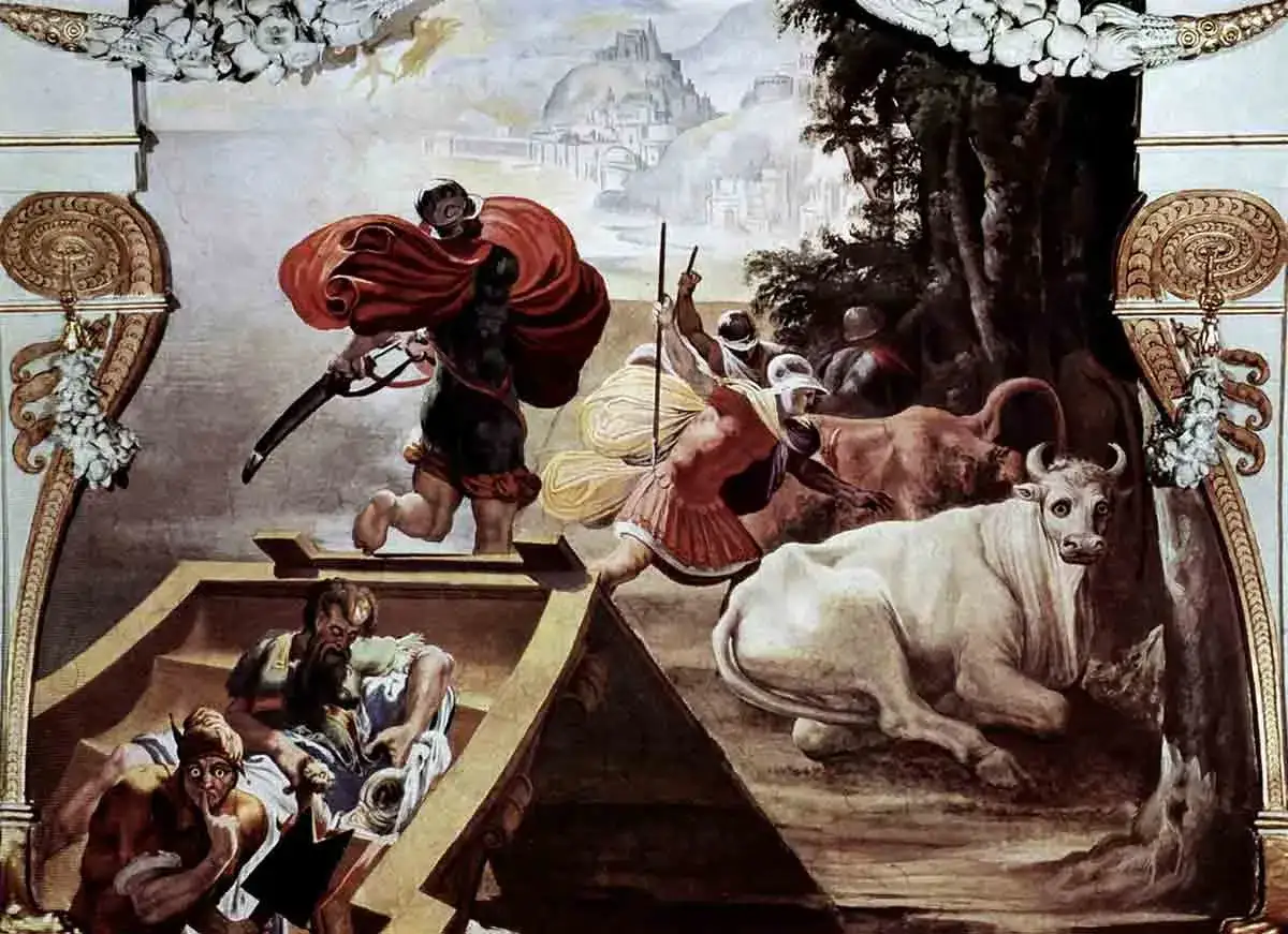 Herakles wchodzi do stajni Augiasza, by ją oczyścić. Widać woły i ludzi w antycznych strojach.