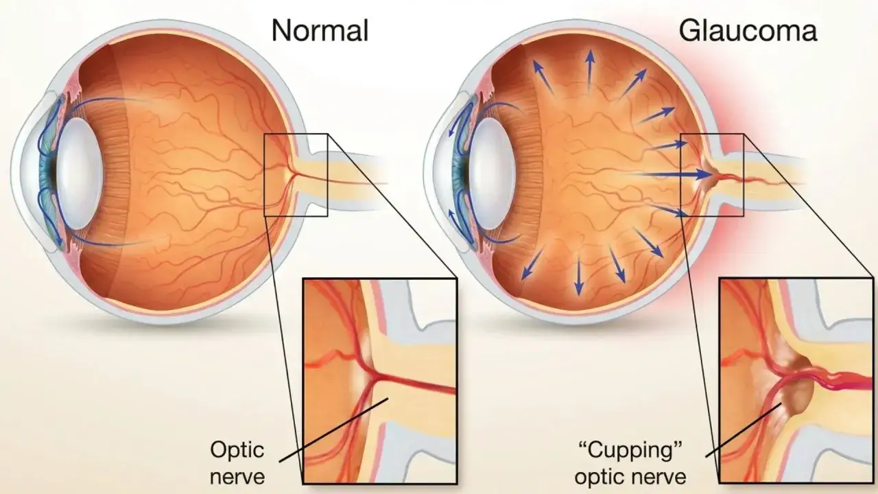 Confronto occhio sano e occhio con glaucoma. Il glaucoma causa un aumento della pressione che danneggia il nervo ottico, rendendo necessari rimedi tempestivi.