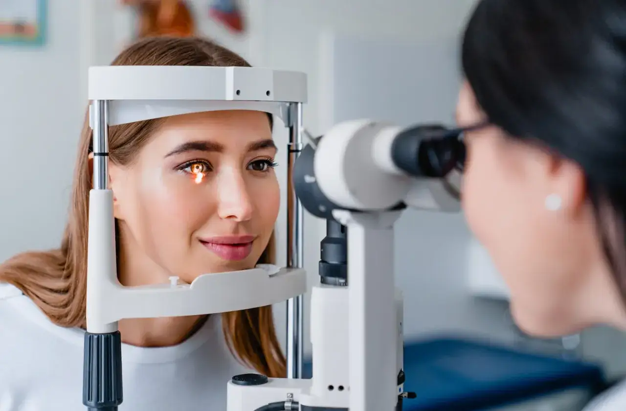 Badanie wzroku u okulisty. Pacjentka z jasnym światłem w oku, być może zmagająca się z nadwzrocznością, poddaje się diagnostyce.