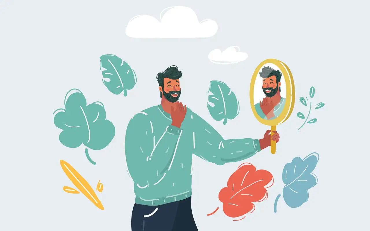 Uomo sorridente si guarda allo specchio, un'immagine che evoca l'effetto specchio psicologia e l'autoconsapevolezza.