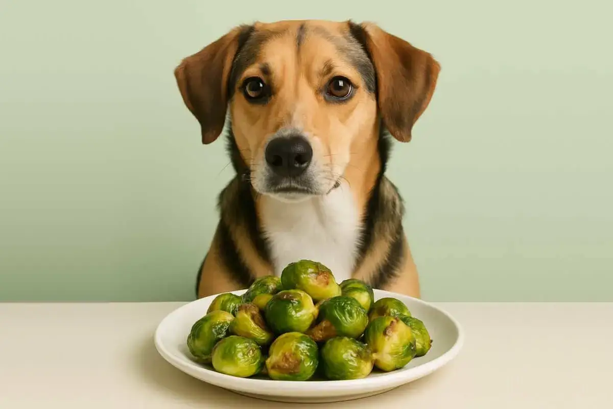 Un perro mira fijamente un plato de coles de Bruselas, demostrando que los perros pueden comer coles de Bruselas.