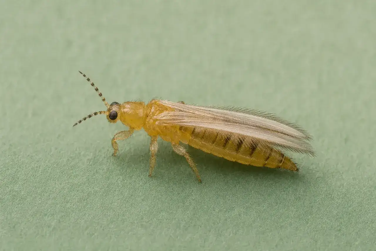 En gulaktig insekt med fjäderlika vingar och randig bakkropp, en potentiell skadegörare som kräver thrips treatment.