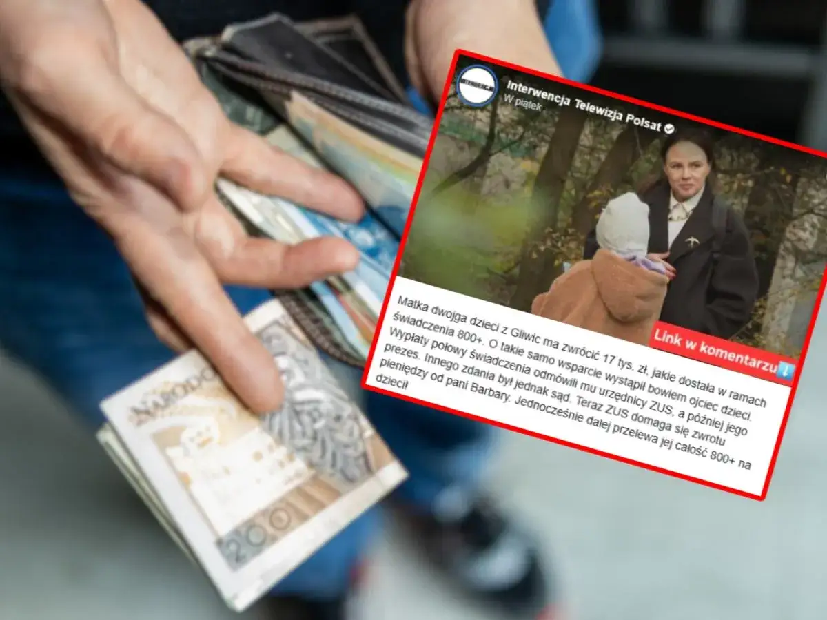 Ręce trzymają pieniądze, obok ramka z informacją o zwrocie 800 plus do jakiego wieku.