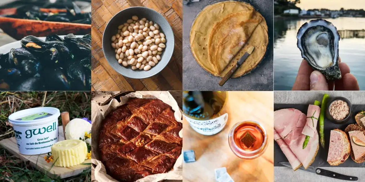 Moule, haricots, crêpes, huître, produits laitiers, gâteau, whisky et charcuterie : un festin de spécialités de Bretagne.