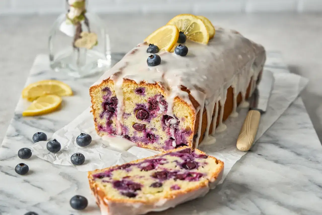 Saftiger Zitronen-Blaubeerkuchen mit Zuckerguss, garniert mit Zitronenscheiben und Blaubeeren. Ein Stück ist bereits angeschnitten.
