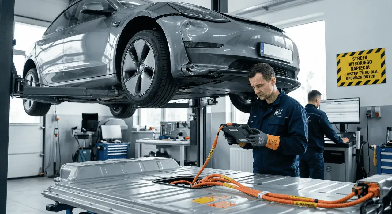 Warsztat samochodowy, elektryk sprawdza baterię auta na podnośniku. Błędy w ładowaniu baterii to potencjalne zagrożenie, dlaczego w 2026 r. wzrosła liczba pożarów w warsztatach.