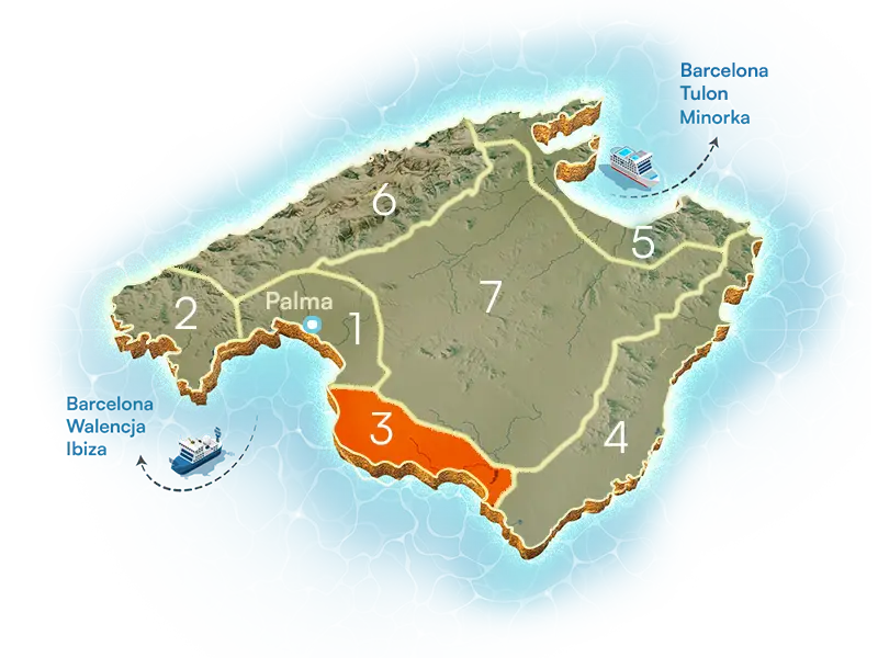 Mapa regionów Majorki z zaznaczonymi kurortami