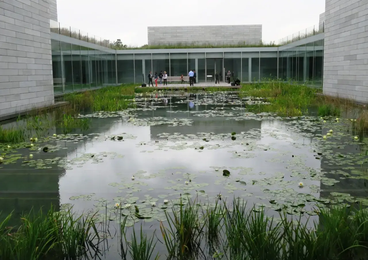 A serene pond with lily pads reflects the modern architecture of the Glenstone Museum. People gather on a wooden deck, enjoying the tranquil scene.