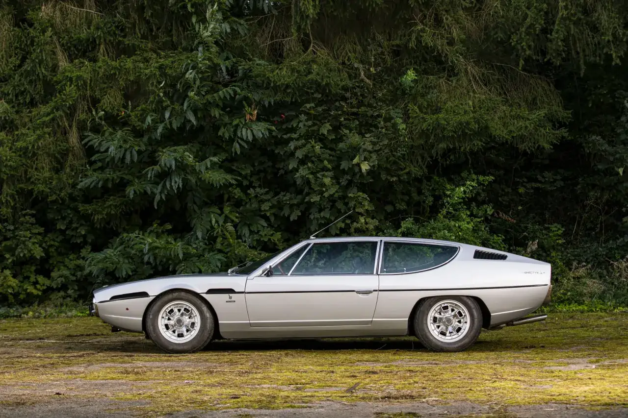 Srebrne Lamborghini Espada, klasyk z lat 70., zaparkowane na tle bujnej zieleni.