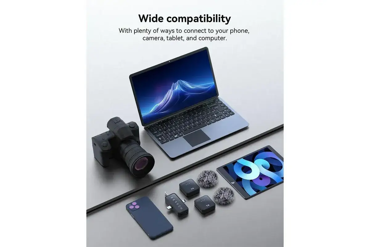 Zestaw do nagrywania: telefon, lustrzanka, tablet i laptop gotowe do pracy.