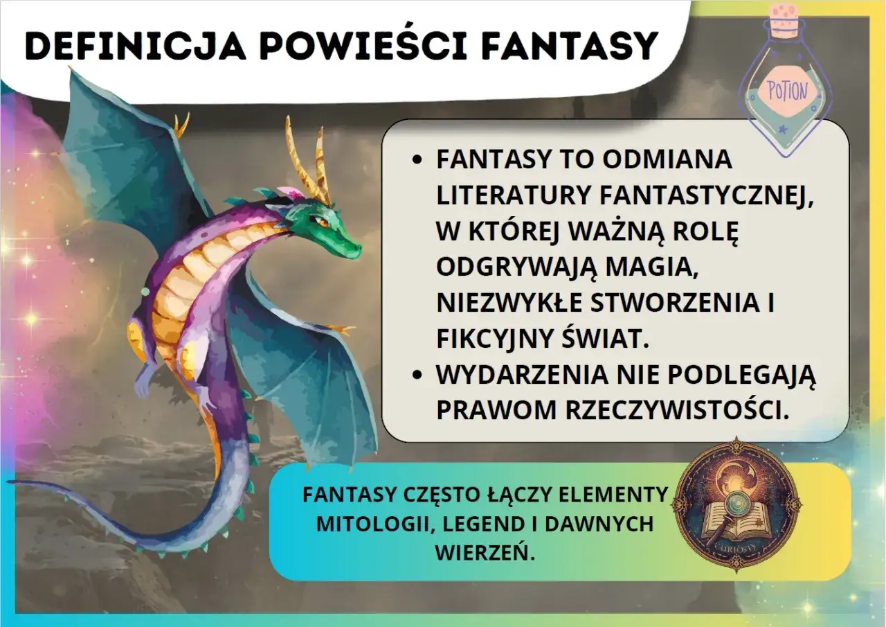 Smok w locie obok definicji, co to znaczy fantasy: magia, niezwykłe stworzenia i światy poza rzeczywistością.