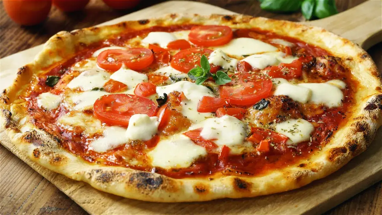 Pyszna pizza z pomidorami i rozpływającym się serem fior di latte, ozdobiona świeżą bazylią.