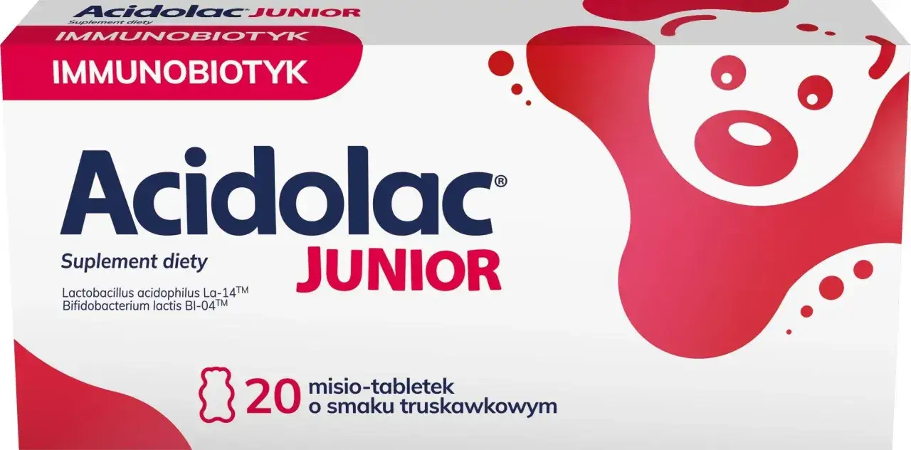 Opakowanie Acidolac Junior z misiami o smaku truskawkowym. Zawiera 20 misio-tabletek.