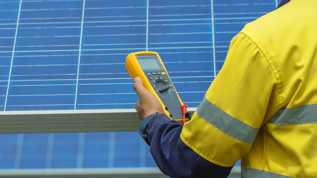 Technik w żółtej kamizelce mierzy napięcie na panelu fotowoltaicznym, co jest kluczowe, by jak obliczyć produkcję energii z instalacji fotowoltaicznej.