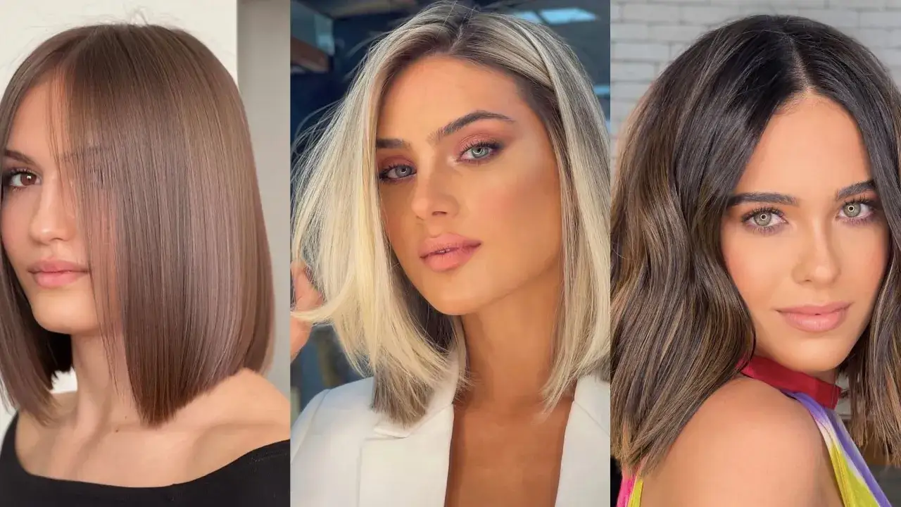 Tres mujeres con estilos de cabello diferentes: un blunt bob despuntado castaño, un rubio platino con capas y un castaño con ondas.