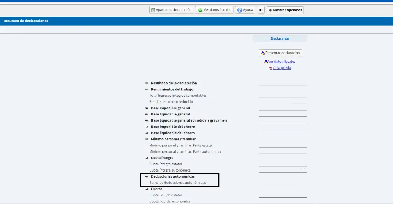 Resumen de declaraciones muestra las deducciones autonómicas, incluyendo cuanto se deduce por alquiler de vivienda.