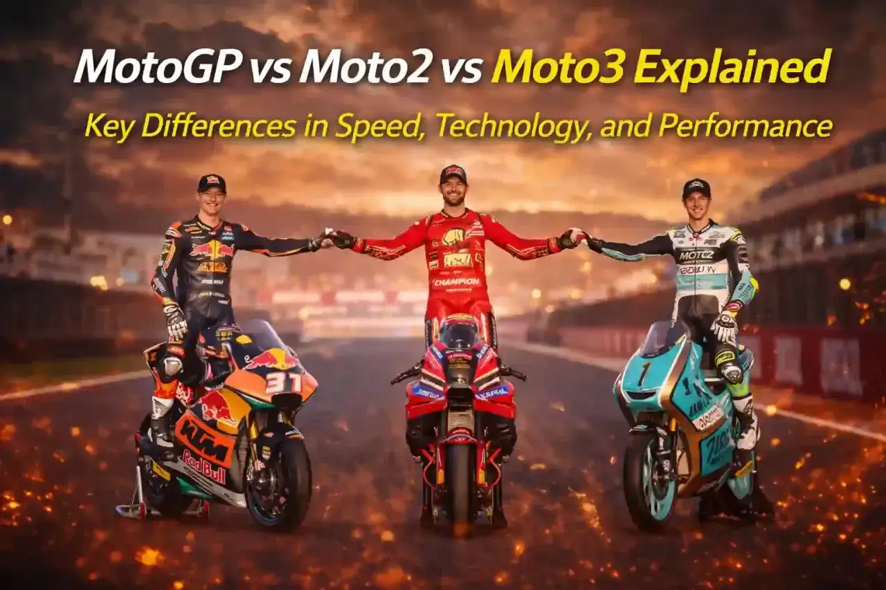 Tres pilotos de MotoGP, Moto2 y Moto3, cada uno con su moto, unidos en una imagen que compara la potencia de las motos.