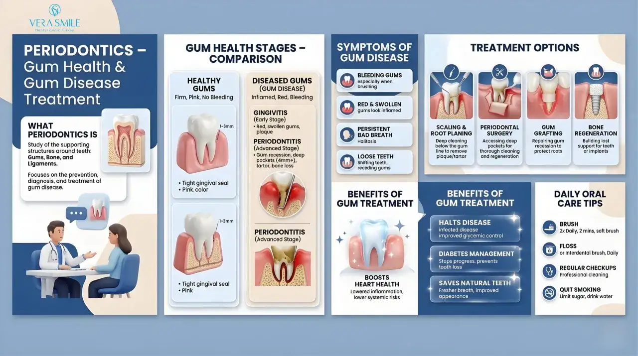Lekarz periodontolog leczy choroby jamy ustnej, takie jak zapalenie dziąseł i paradontoza. Grafika pokazuje objawy i metody leczenia.