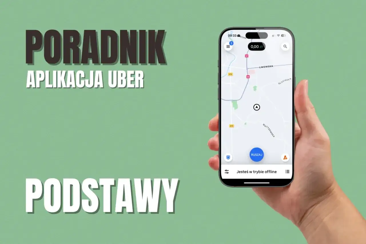 Poradnik jak zamówić Ubera. Dłoń trzyma smartfon z mapą i przyciskiem 