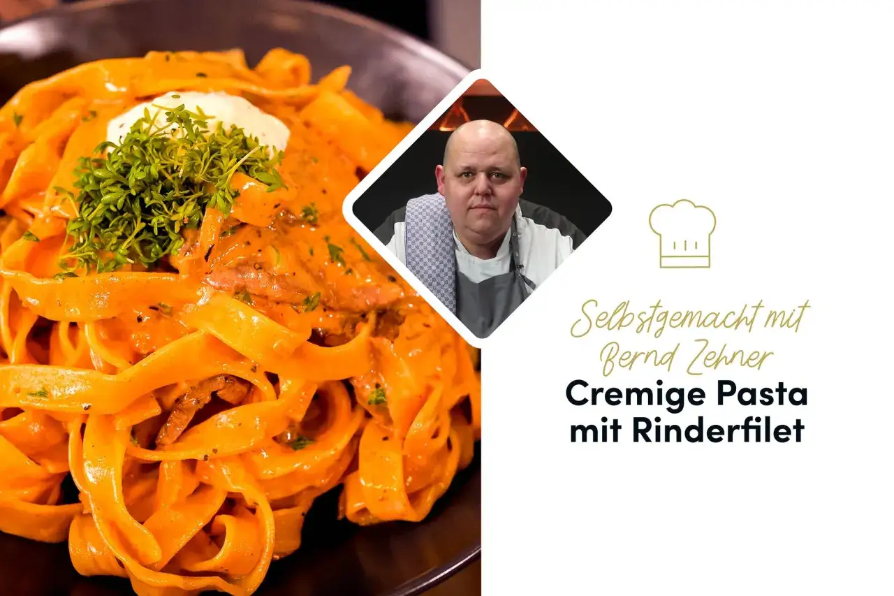 Cremige Pasta mit Rinderfiletstreifen, garniert mit Kresse. Bernd Zehner präsentiert sein Gericht.