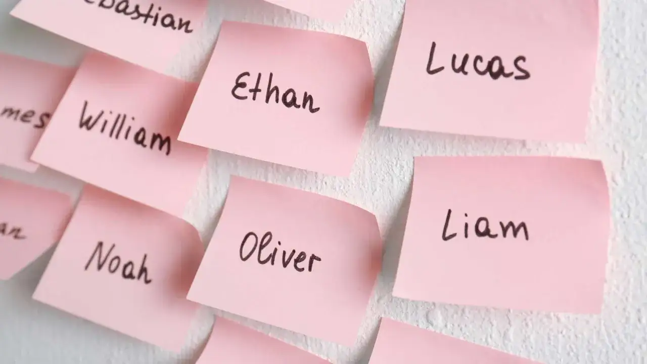 Różowe karteczki z wypisanymi angielskimi imionami męskimi: Ethan, Lucas, Liam, Oliver, William, Noah.