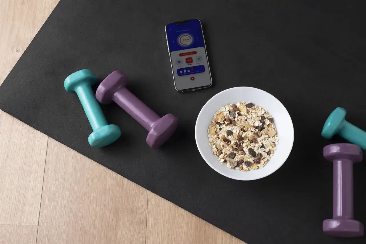 Dumbbells, bowl of muesli i telefon z aplikacją treningową to elementy, które pomogą Ci dowiedzieć się, jak zdrowo przytyć.