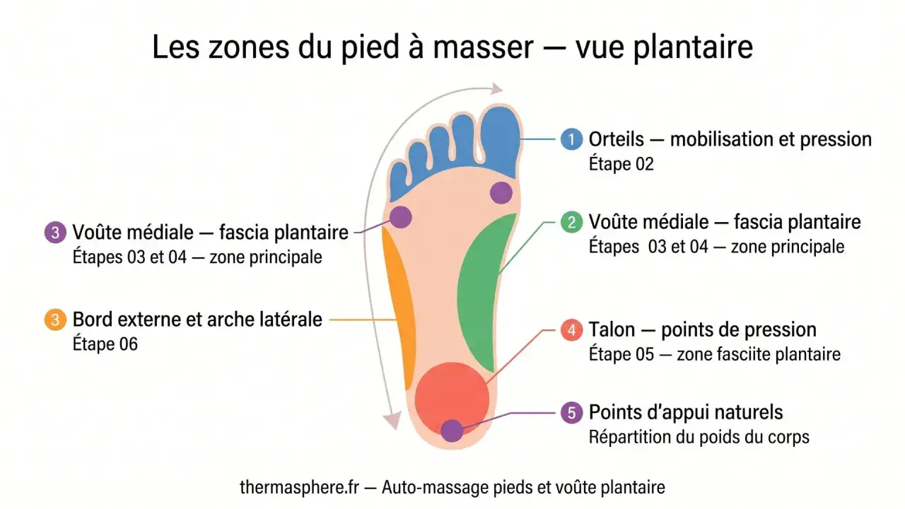 Sch&eacute;ma des zones du pied &agrave; masser pour soulager l'apon&eacute;vrosite plantaire : orteils, vo&ucirc;te m&eacute;diale, talon, bord externe.