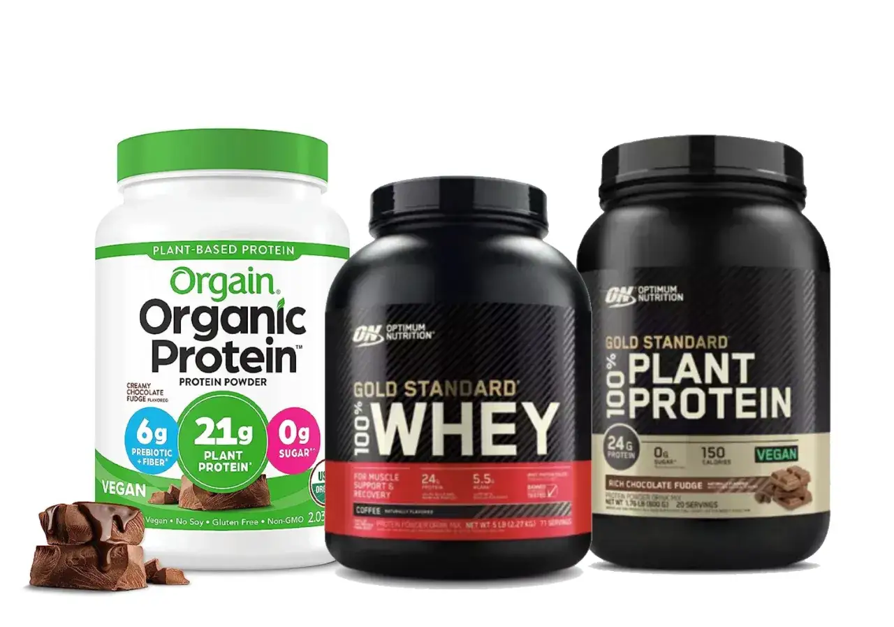 Barattoli di proteine in polvere: Orgain Organic Protein, Gold Standard 100% Whey e Gold Standard 100% Plant Protein. Scopri come prendere le proteine in polvere per i tuoi obiettivi.