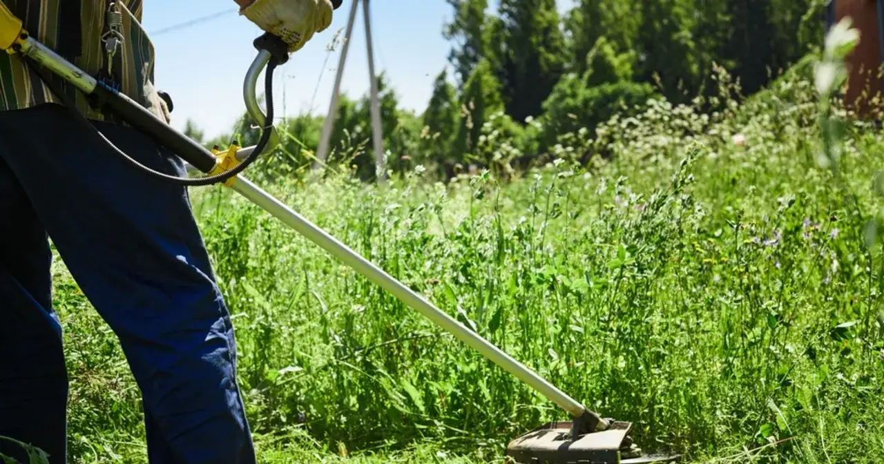 Osoba w rękawicach i granatowych spodniach wykonuje koszenie trawy pod słonecznym niebem.
