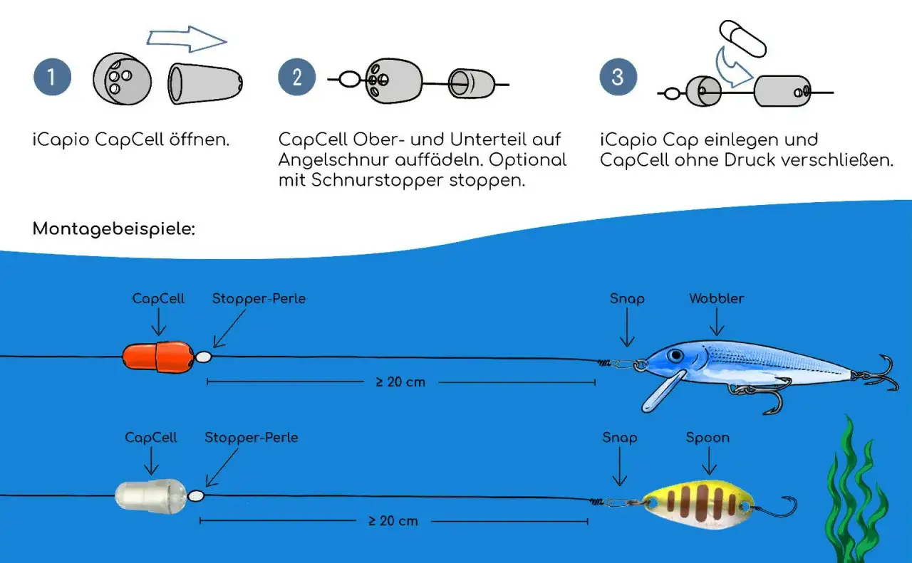 Anleitung zur Montage eines Feeder-Systems mit iCapio CapCell. Zeigt das &Ouml;ffnen, Auff&auml;deln und Verschlie&szlig;en des CapCells. Montagebeispiele mit Wobbler und Spoon.