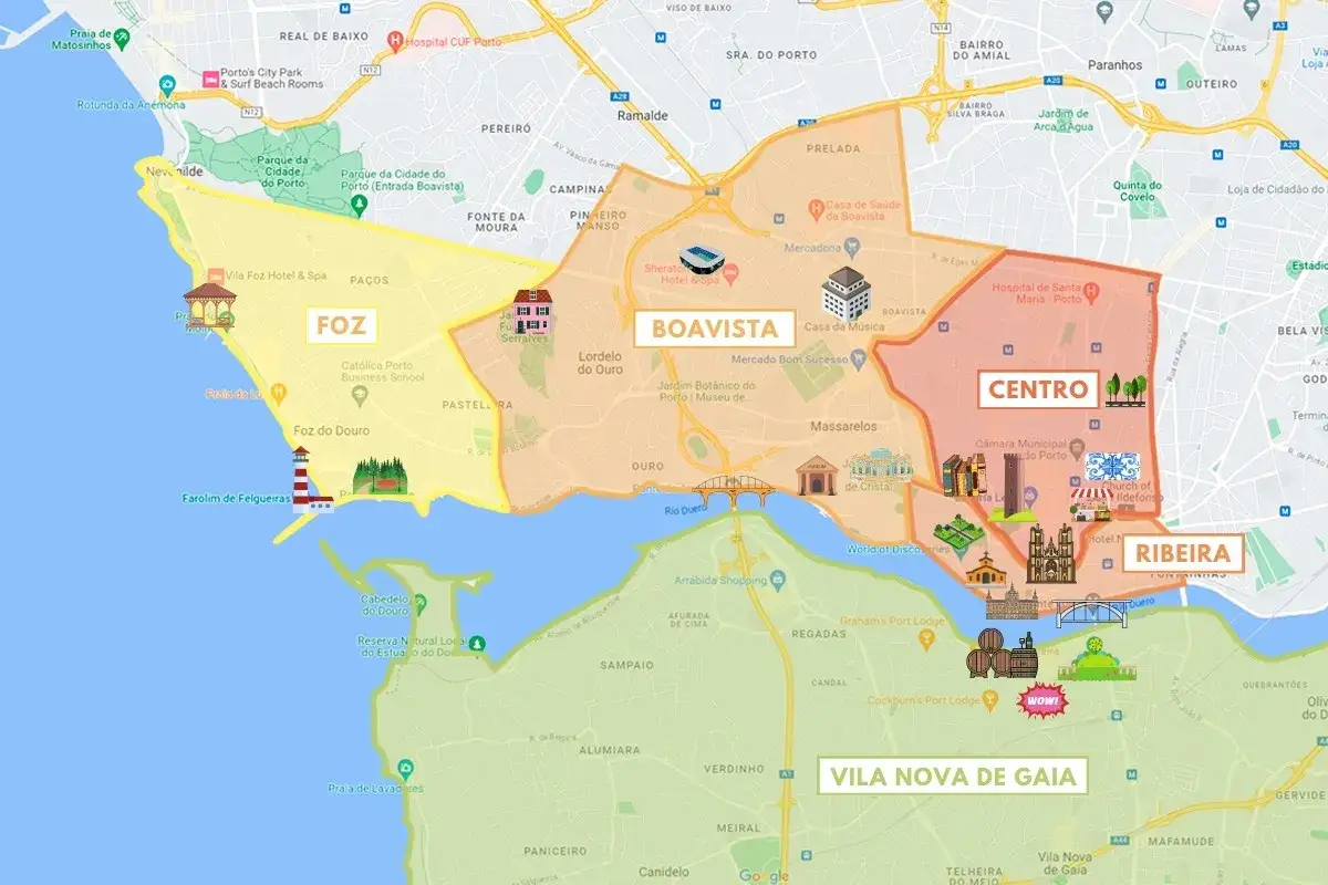 Mapa de Oporto con zonas: Foz, Boavista, Centro y Ribeira. Ideal para planificar qué ver en Oporto en 3 días.