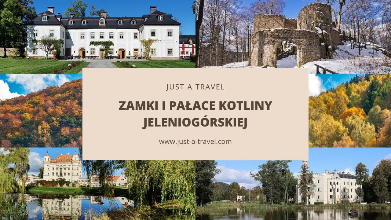 Kolaż zdjęć przedstawiający zamki i pałace Kotliny Jeleniogórskiej, w tym ruiny zamku, pałac z ogrodem i jesienne krajobrazy.