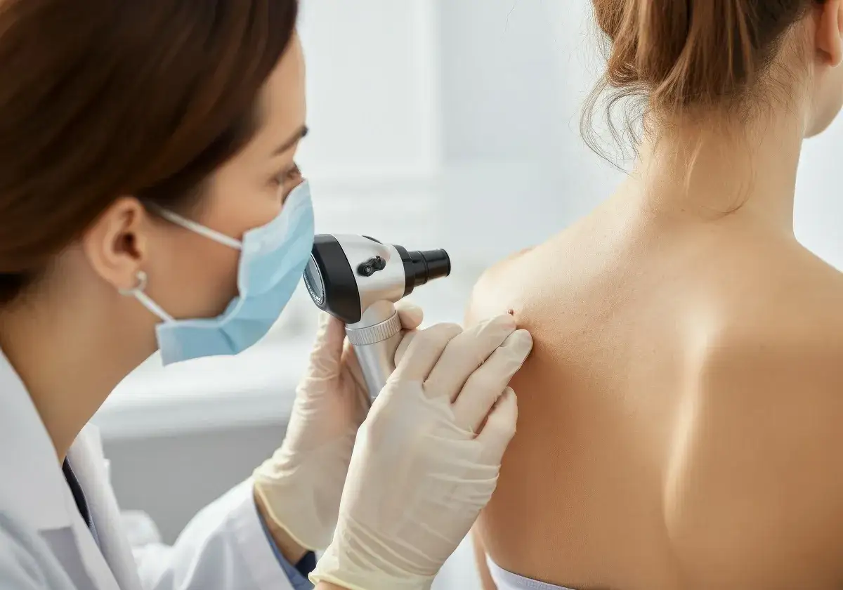 Lekarz w masce i rękawiczkach wykonuje dermatoskopię znamienia na plecach pacjentki.