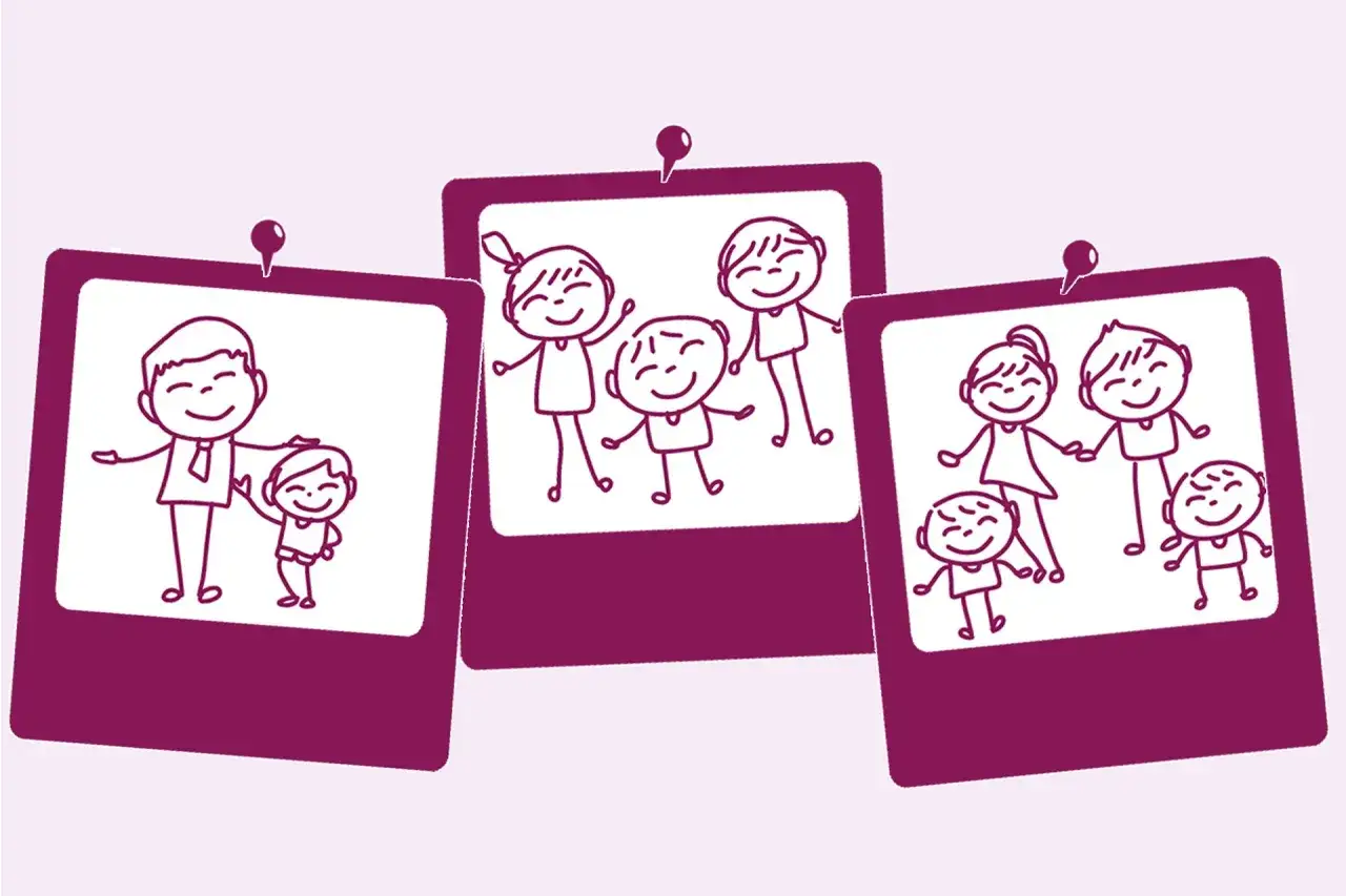 Drei Bilder zeigen verschiedene Familienformen in Deutschland: Vater mit Kind, drei Kinder und Eltern mit zwei Kindern.