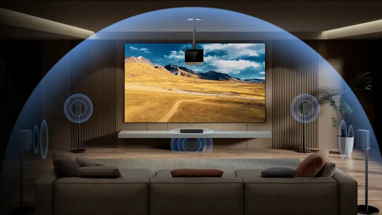 Nowoczesny salon z kinem domowym. Dowiedz się, **dolby atmos co to** jest i jak działa, dzięki wizualizacji dźwięku przestrzennego.