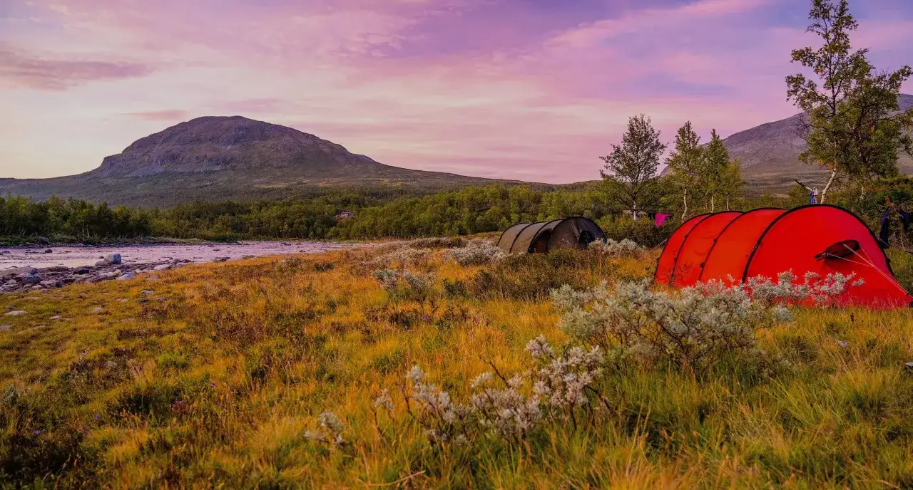 Två tält står uppe i ett fält med gulnande gräs och buskar, en flod och ett berg i bakgrunden under en rosa himmel. Perfekt för camping i Blekinge.