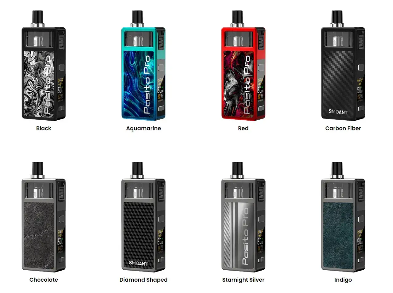 Ocho dispositivos Smoant Pasito Pro en varios colores y acabados: negro, aguamarina, rojo, fibra de carbono, chocolate, forma de diamante, plata starlight e índigo.