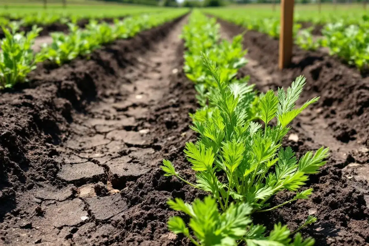 Jeunes semis de panais dans un champ, alignés en rangées sur un sol sombre et craquelé.