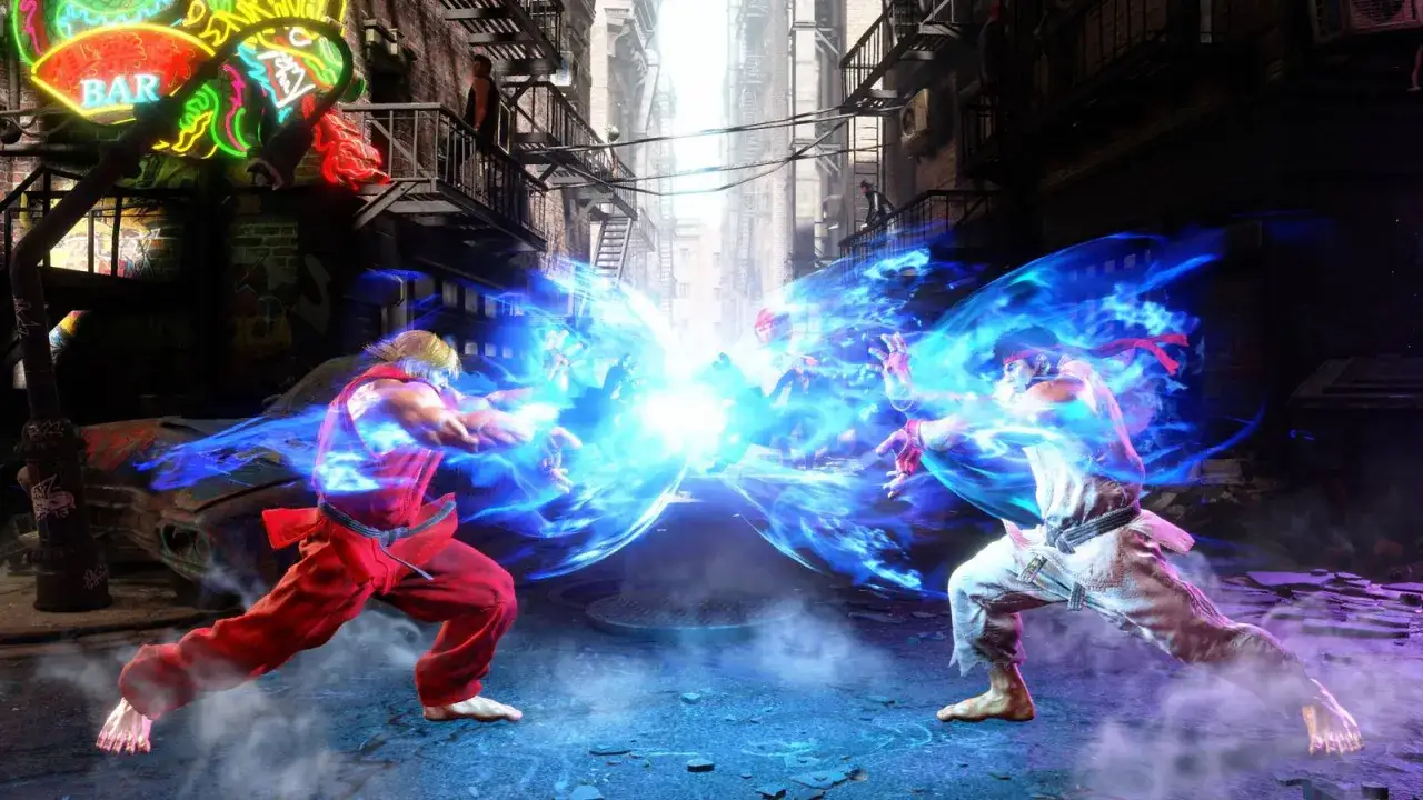 Ryu i Ken z SF6 w ulicznej walce, ich ataki energetyczne zderzają się w oślepiającym błysku.