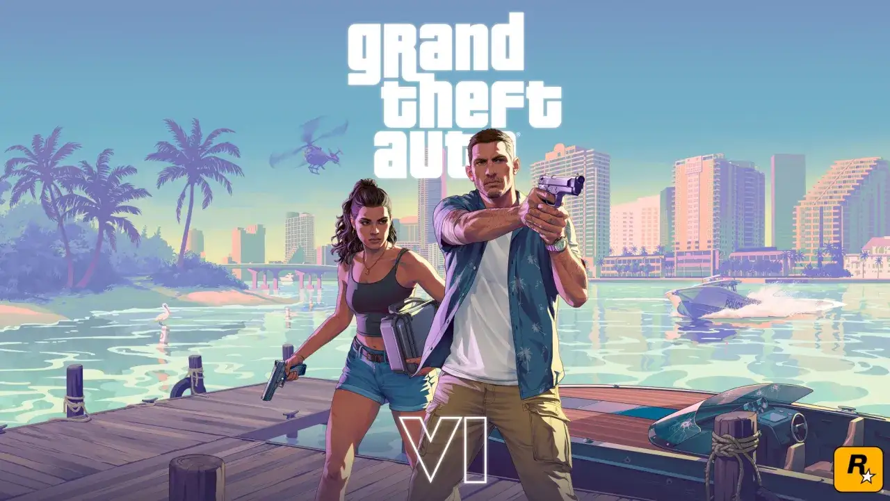 Dos personajes armados en un muelle, con la ciudad de fondo. La espera de GTA 6 se retrasa, pero la emoci&oacute;n sigue alta.