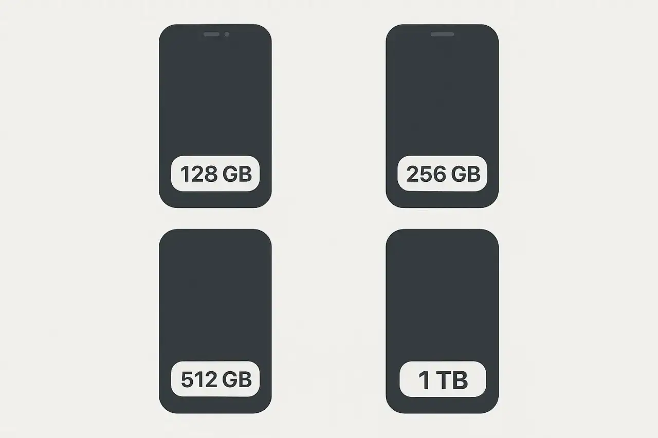Cztery telefony z różną pamięcią: 128 GB, 256 GB, 512 GB i 1 TB. Wybierz odpowiednią pamięć telefonu dla siebie.
